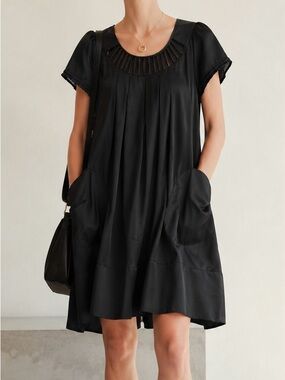 Tree Black Short Sleeve Dress with Front Pleats
